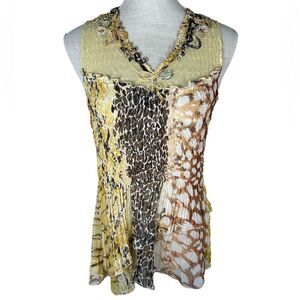 Alberto Makali Y2K Yellow Leopard Print Crinkle Tank Top